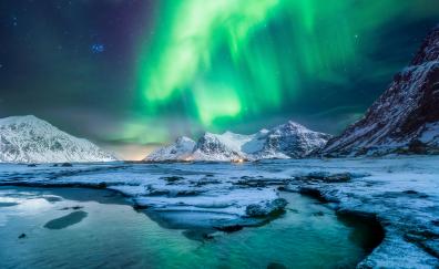 Northern Lights, coast, mountains, Norway