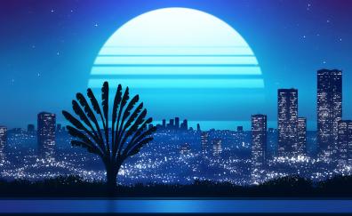 Vaporwave, illustration, cityscape, moon light, landscape