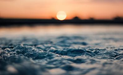 Body of water, sea waves, foam, close up, sunset