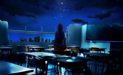 Open, classroom, anime girl, night, original