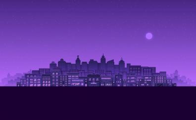 Purple moon, stars night, buildings, cityscape, minimal
