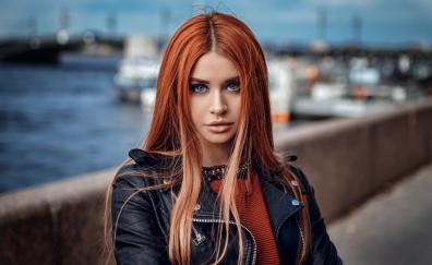 Redhead, leather jacket, girl, model, stare