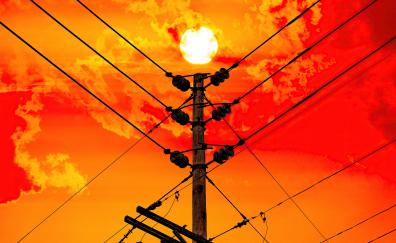 Electric wires, pole, sunset