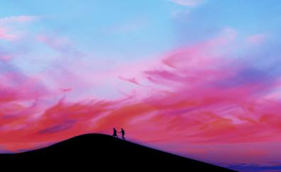 Couple, walking over mountain, sunset, silhouette
