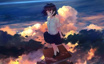 Above the clouds, original, cute, anime girl