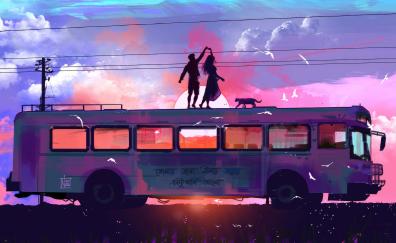 Dancing couple, pretty evening, romance on a bus, silhouette