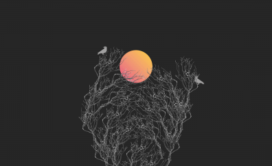 Moon, tree, birds, minimal, art