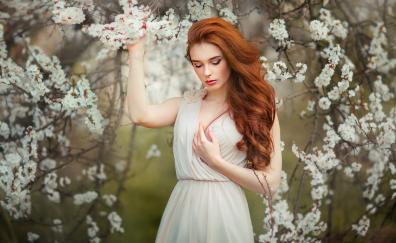 Blossom, white flowers, girl model, red head