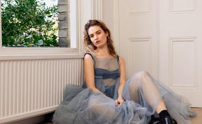 Lily James, sit, ligth blue dress, photoshoot, Allure, 2018