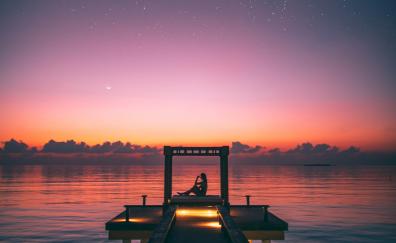Pier, sunset, silhouette, sea