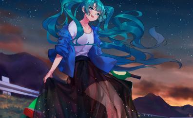 Cute, Hatsune Miku, night out, blue hair