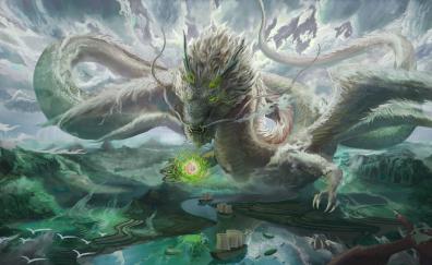 Big white dragon, flight, fantasy