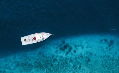 Drone shot, boat, blue sea, beach