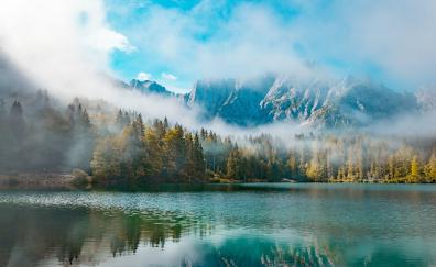 Lake, mountains, mist, forest, nature