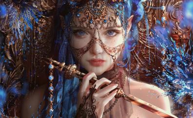 Woman in jewelry, fantasy, blue hair, art
