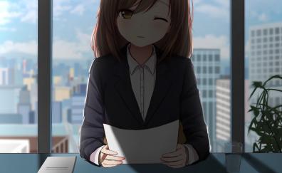Office, anime girl, cute, wink