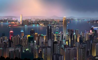 Hong kong, buildings, city, digital art
