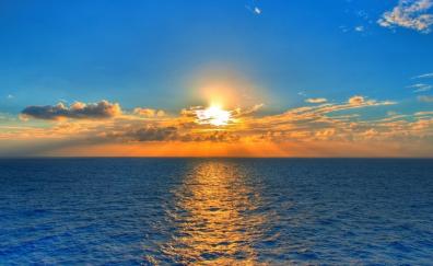 Sea, sunset, clouds, sun