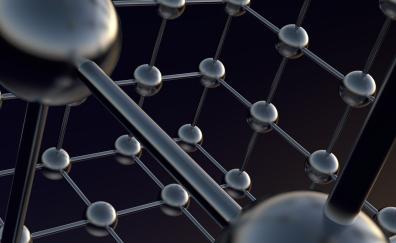 Metallic grid structure, balls, abstract