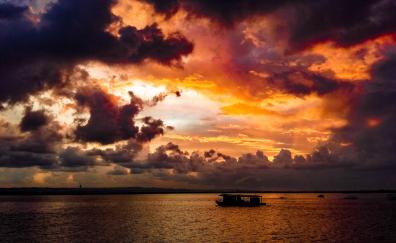 Sea, sunset, boat, clouds, nature