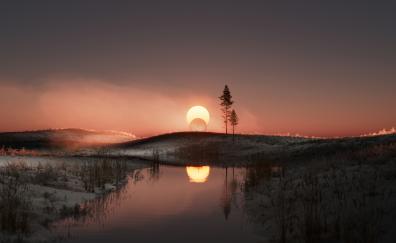 Landscape, sunset, lake, solar eclipse, reflection