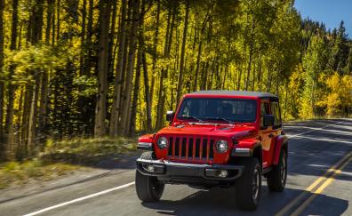 Red Jeep Wrangler, suv, on road