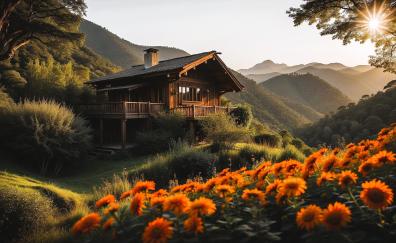 Wooden house in jungle, flowers, spring