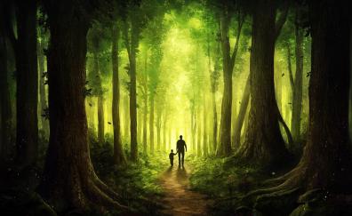 Kid and dad, pathway, forest, fantasy, art