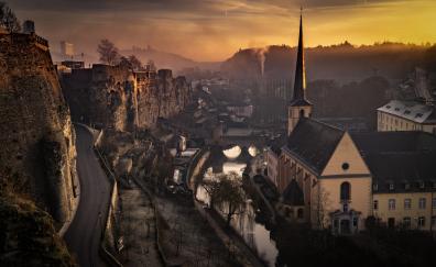 Luxembourg city, sunset, cityscape, buildings, church