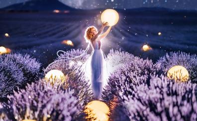 Lights, woman in lavender farm, night, nature