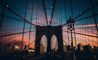 Suspension bridge, architecture, Brooklyn bridge, sunset