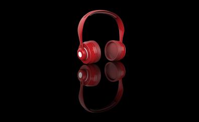 Red, headphone, music, reflections, minimal