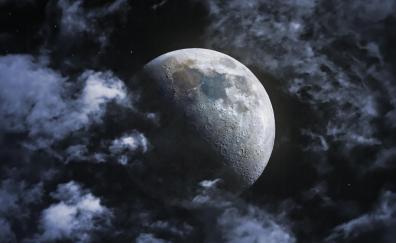 Moon in sky, clouds, astrophotography, full moon