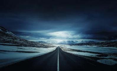 Iceland's road, endless road, night, landscape, glacier