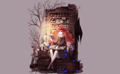 Witch, anime girl, read, minimal