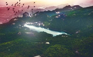 Aerial view, lake, green valley, trees, sunset