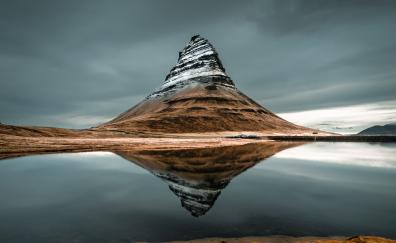 Kirkjufell, mountain, peak, lake, reflections, Iceland