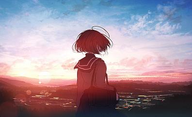 Anime girl, sunset, outdoor, art