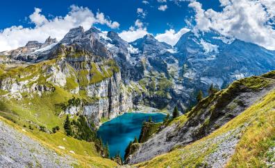 Crater lake of Swiss, mountains, sunny day, nature