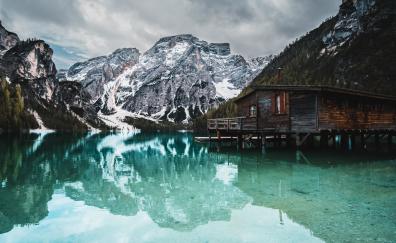 Lake, wooden house, reflections, mountain, nature