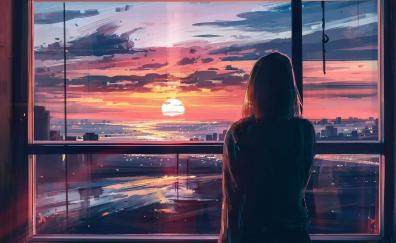 Sunset view at window, woman, art