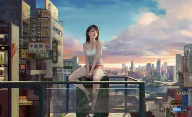 Urban town, girl relaxed in balcony, art