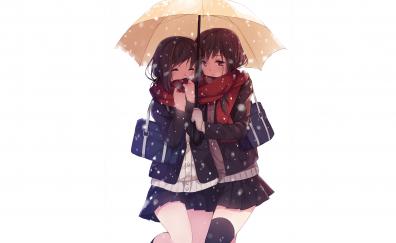 Anime girls, snowfall, umbrella, original