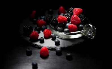 Dark mood, food, fruits, Raspberry, blueberry, Blackberry