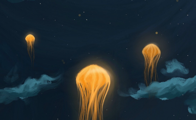 Jellyfish, lanterns, flight, clouds, night
