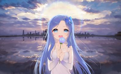 Cute, anime girl, long hair blue, smile