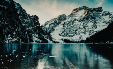 Winter, mountains, floating ice, lake, nature