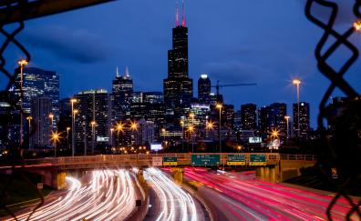 Cityscape, night, highway, buildings