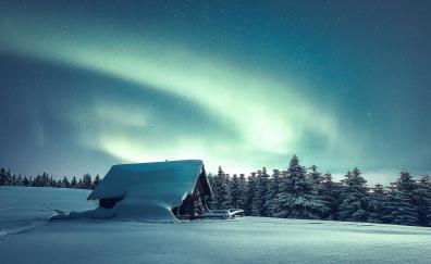 Winter, hut, landscape, northern lights