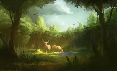 Deer, grazing, fantasy, artwork